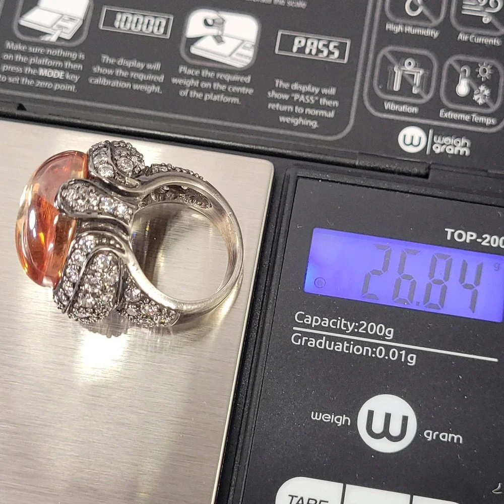 Sterling Silver Ring Chunky Mens Amber Cabochon Pave Size 7.25 Heavy 26.8g 925